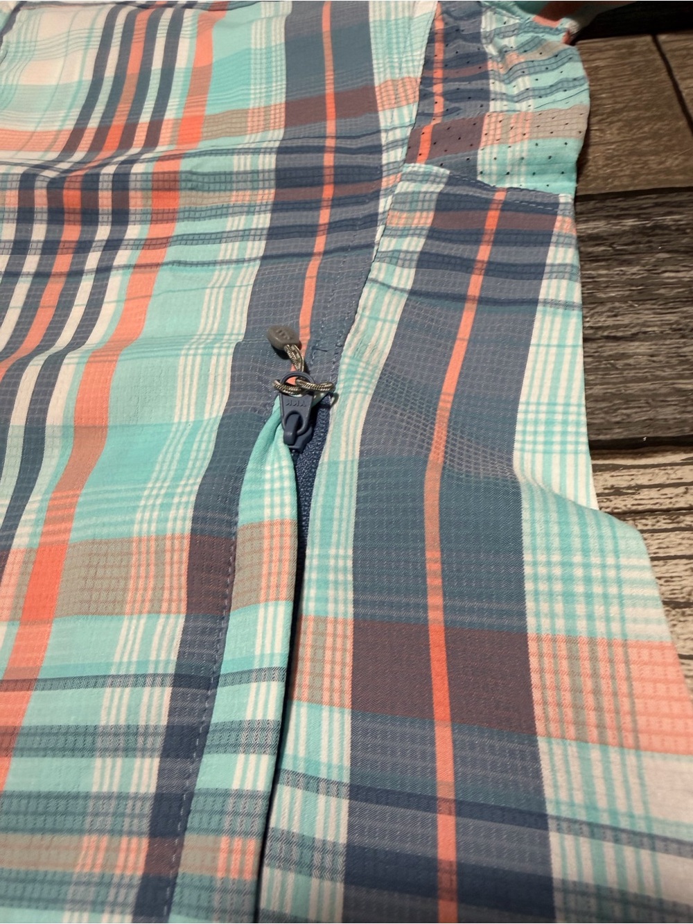 Coolibar Women's Plaid Hooded Sun Jacket - Aqua/Coral/Gray - Picture 10 of 10